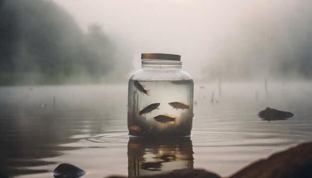 Un pot de verre dans l'eau avec du poisson