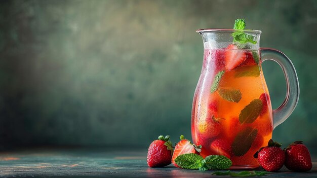 Photo un pot de verre de jus de fraise et de fraises