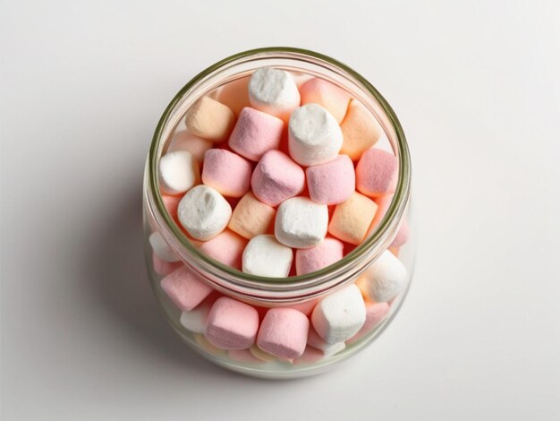 un pot en verre avec des marshmallows roses et blancs à l'intérieur