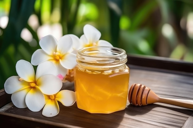 Pot en verre de miel doré libre avec des fleurs