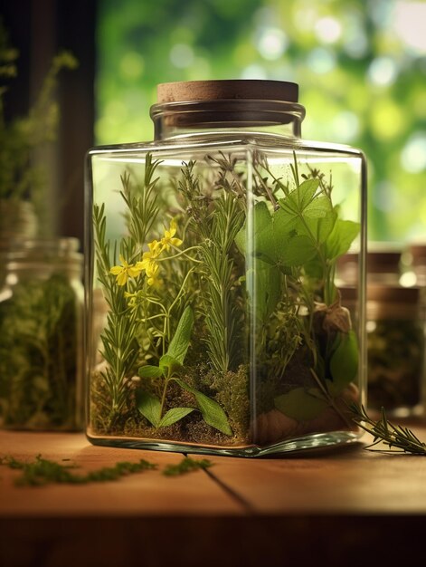 un pot en verre avec une plante et une bouteille d'eau