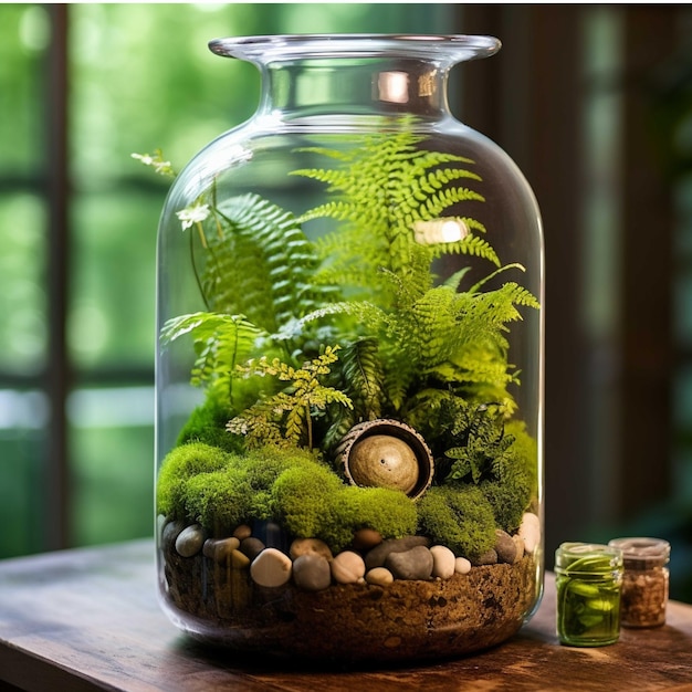Un pot en verre avec des plantes vertes et une bouteille en verre avec de la mousse sur une table en bois