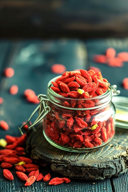 Un pot de verre rempli de baies de goji sur une table en bois