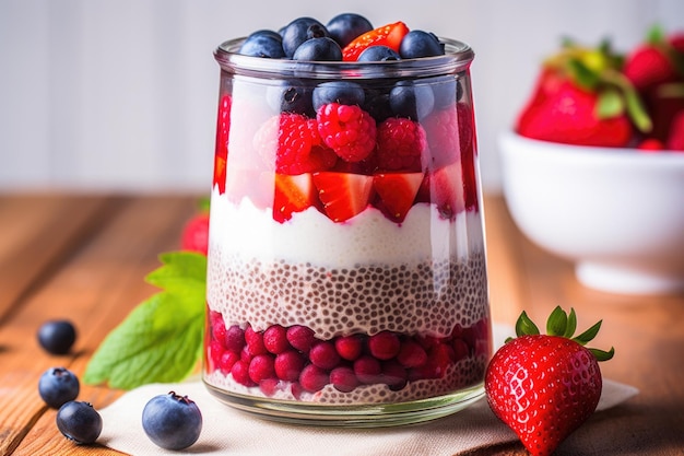 Pot en verre rempli de pudding aux graines de chia et de baies mélangées