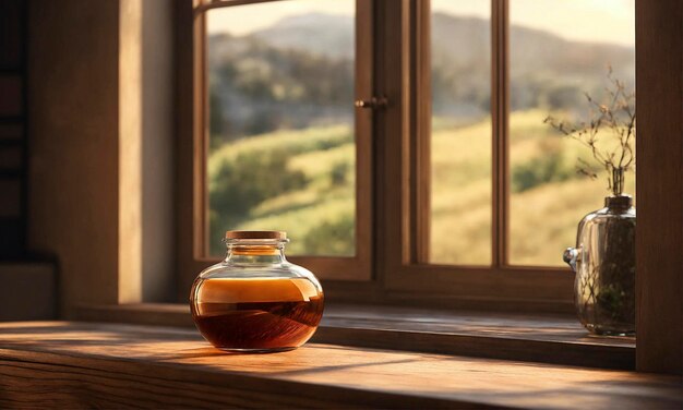 Photo un pot en verre sur une table en bois