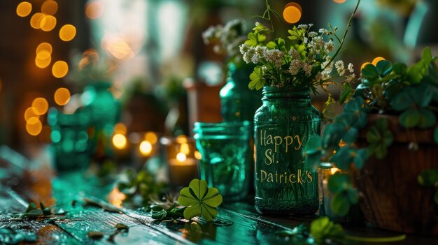 Photo un pot de verre vert avec une bougie à l'intérieur et des fleurs.