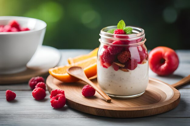 Un Pot En Verre De Yaourt Avec Des Fruits Sur Une Planche De Bois