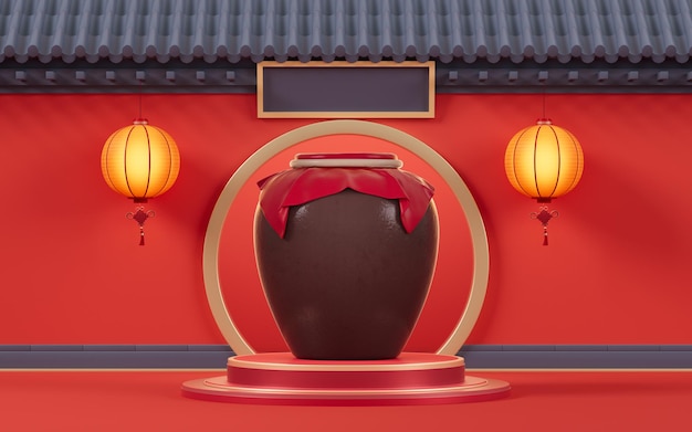 Pot à vin ancien chinois avec rendu 3d de fond ancien