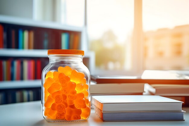 Photo un pot de vitamines est sur le bureau de l'étudiant.