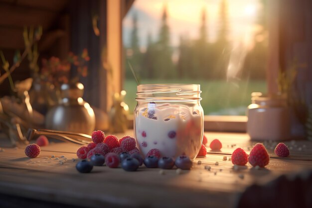 Photo un pot de yaourt à la framboise est posé sur une table avec une bougie dedans