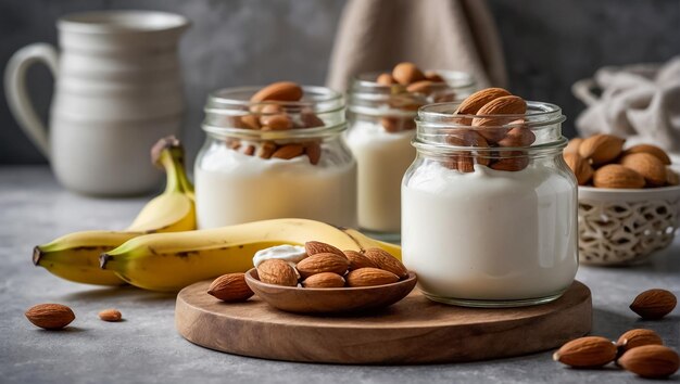 un pot de yogourt avec des bananes et des amandes dans la cuisine