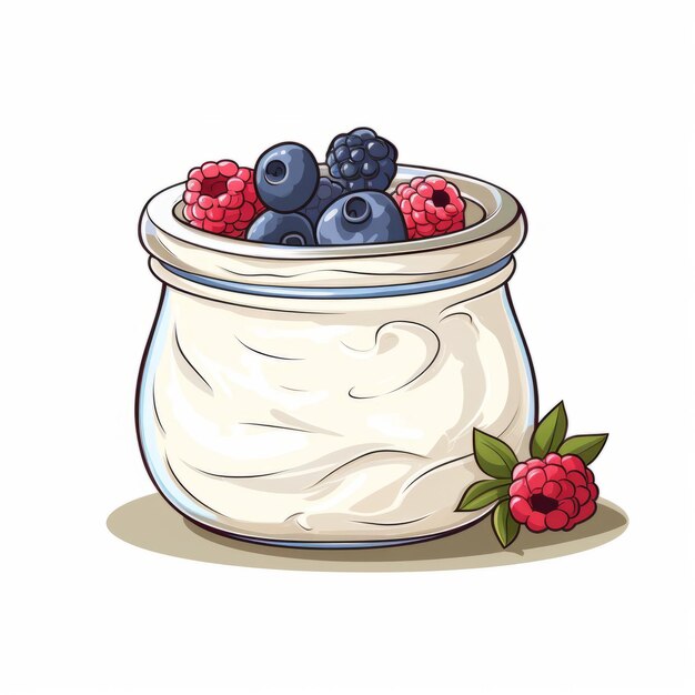 Un pot de yogourt dessiné à la main rempli de bleuets et de framboises