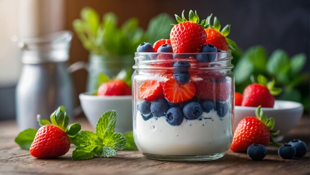 Un pot de yogourt avec des fraises, des bleuets et de la menthe dans la cuisine.