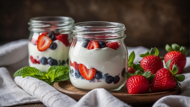 Un pot de yogourt avec des fraises, des bleuets et de la menthe dans la cuisine.