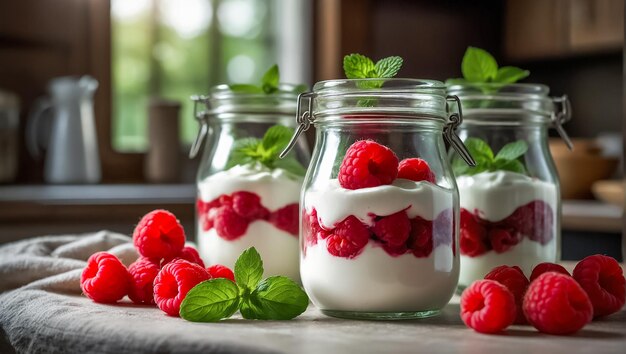 un pot de yogourt avec des framboises et de la menthe dans la cuisine