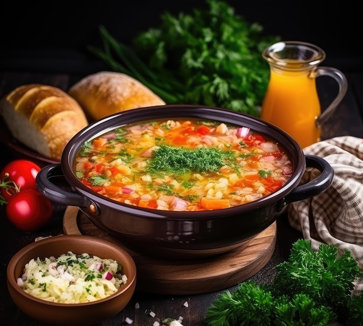 Photo potage de soupe de légumes ou solyanka avec des légumes et des céréales soljanka riche en saline avec du riz chou carottes tomates oignons et persil illustration d'ia générative