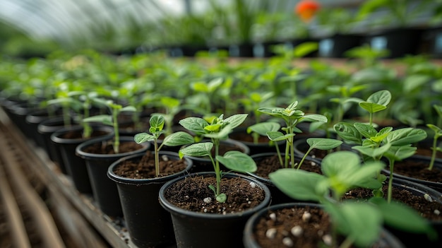 Photo potager de semis avec des pots durables à l'arrière-plan