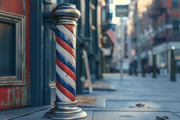 Un poteau de barbier vintage tournant devant un bar classique