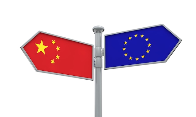 Poteau indicateur de la Chine et de l'Union européenne Se déplaçant dans différentes directions Rendu 3D