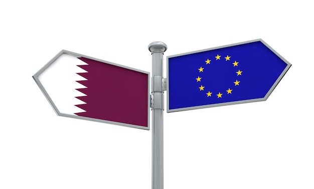 Poteau indicateur du Qatar et de l'Union européenne Se déplaçant dans différentes directions Rendu 3D