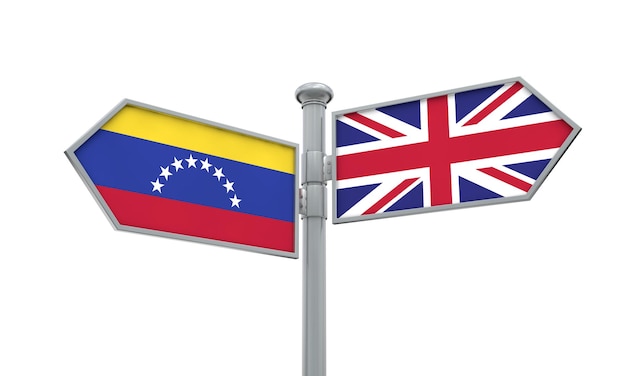 Poteau indicateur du Venezuela et du Royaume-Uni Se déplaçant dans différentes directions Rendu 3D