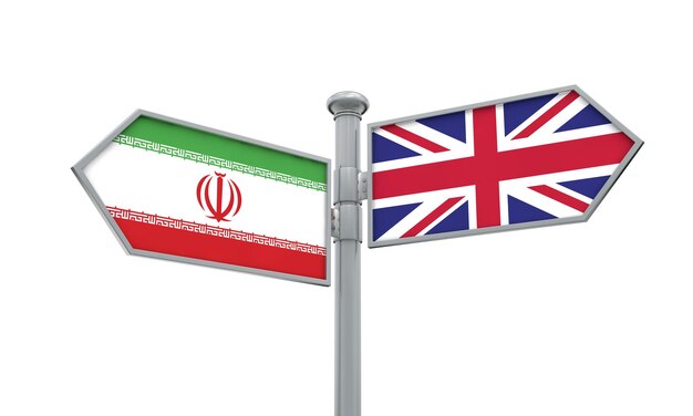 Poteau indicateur de l'Iran et du Royaume-Uni Se déplaçant dans différentes directions Rendu 3D