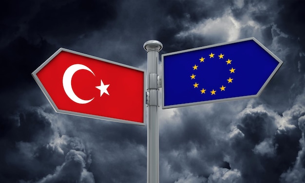 Poteau indicateur de la Turquie et de l'Union européenne Se déplaçant dans différentes directions Rendu 3D