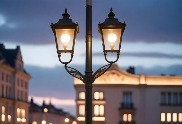 Un poteau de lampe de rue double avec des lanternes éclairées contre un ciel de crépuscule