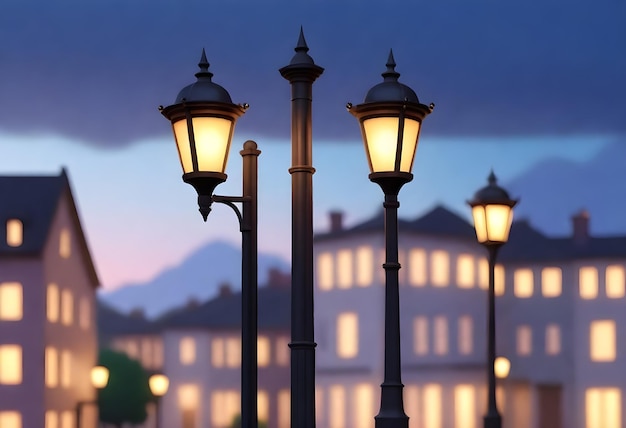 Un poteau de lampe de rue double avec des lanternes éclairées contre un ciel de crépuscule