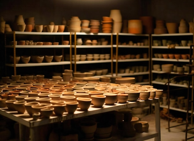 Poterie en céramique avec bols alignés sur un rack