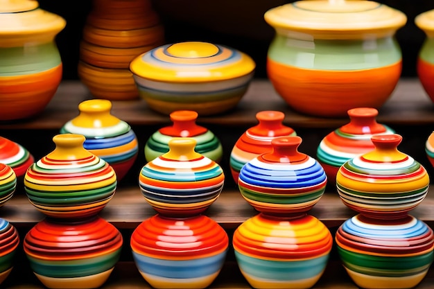 Photo poterie colorée dans une vitrine