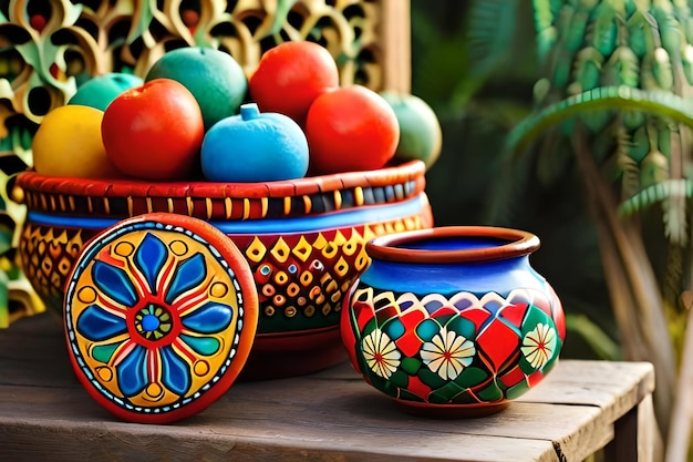 Poterie colorée avec un pot de fleur coloré sur le devant.