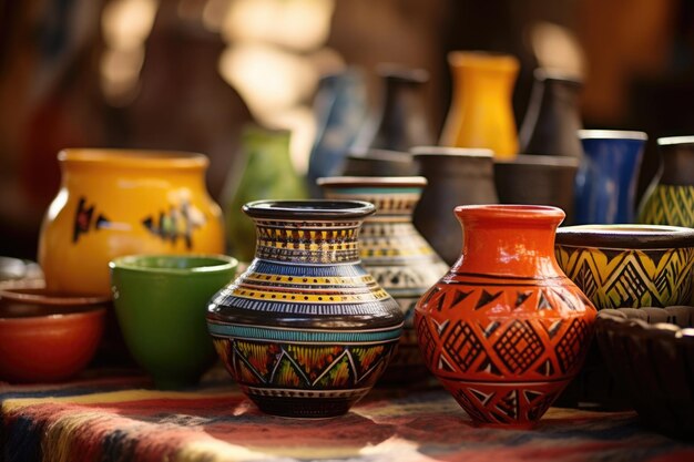 Une poterie colorée de style africain sur une table en bois