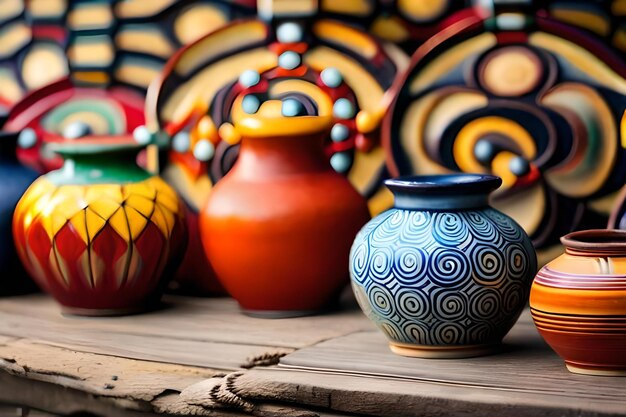 Photo poterie colorée sur une table en bois avec des motifs colorés et un fond coloré.