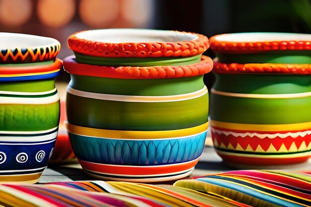 Photo poterie colorée sur une table avec des rayures colorées et un dessus coloré.