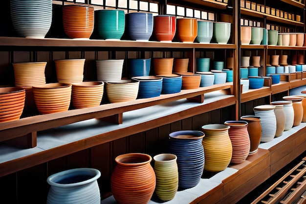 de la poterie sur une étagère d'un magasin appelé poterie.