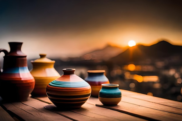 Photo poterie sur une table en bois avec le coucher du soleil en arrière-plan