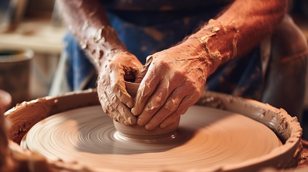 Le potier au travail Les mains du maître en gros plan Le processus de fabrication de la poterie
