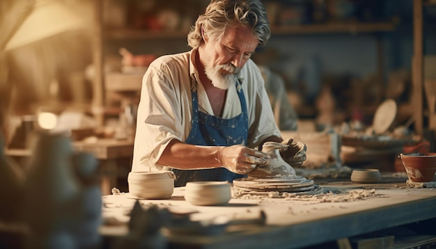 Un potier créant de la poterie dans un atelier de poterie traditionnel