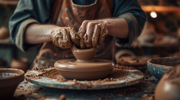 Un potier façonne l'argile sur une roue de poterie resplendissante