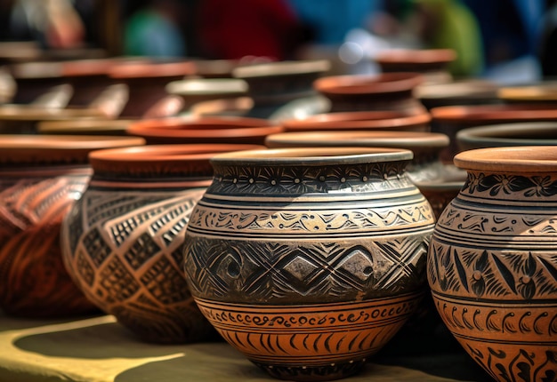 Des potiers de céramique vendent des pots décoratifs sur un marché où ils sont exposés.