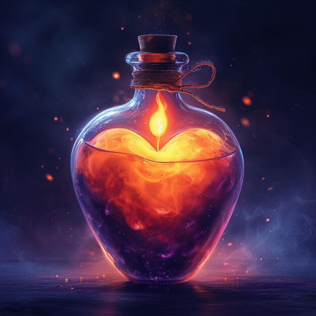 Photo potion d'amour dans une bouteille magique potion de sorcière sur un fond violet foncé