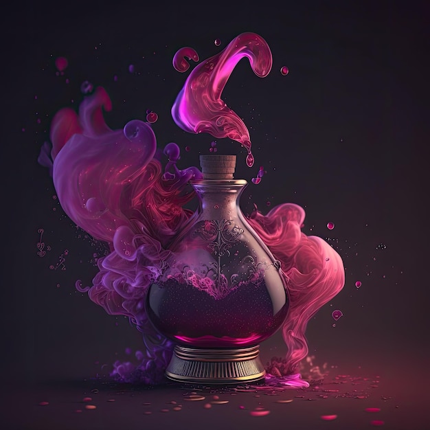 Potion d'amour violette et rose dans une fiole en verre ornée enveloppée de fumée rose