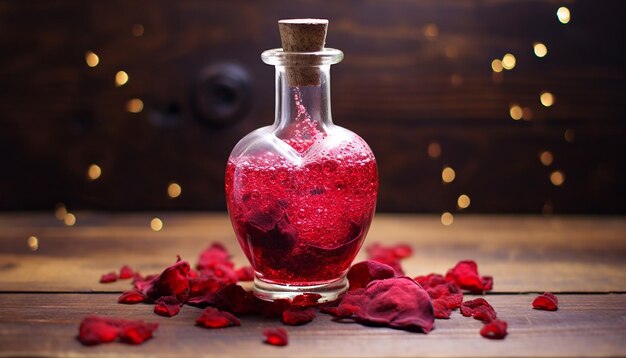 Potion magique pour la Saint-Valentin avec des ingrédients comme des pétales de rose et de la poussière d'étoile générée par l'AI