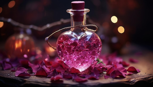 Potion magique pour la Saint-Valentin avec des ingrédients comme des pétales de rose et de la poussière d'étoile générée par l'AI