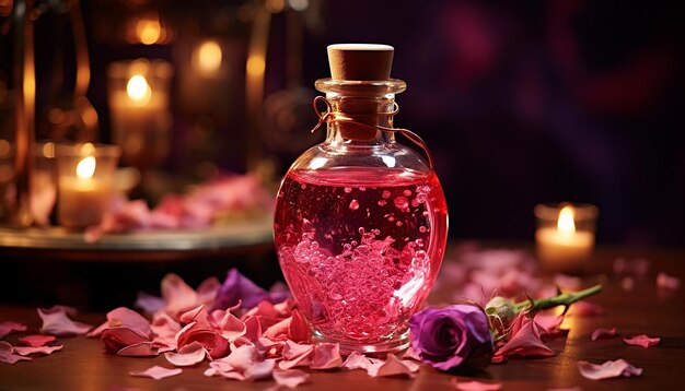 Potion magique pour la Saint-Valentin avec des ingrédients comme des pétales de rose et de la poussière d'étoile générée par l'AI