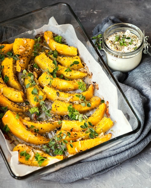 Potiron au four au thym Apéritif de légumes de saison Tranches de potiron à l'ail servies avec de la crème