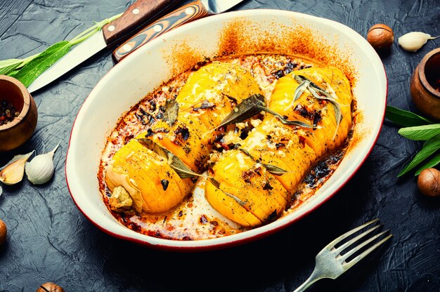 Potiron rôti à la sauge, au thym et à l'ail. Citrouille au four avec des herbes. Plat végétarien d'automne.