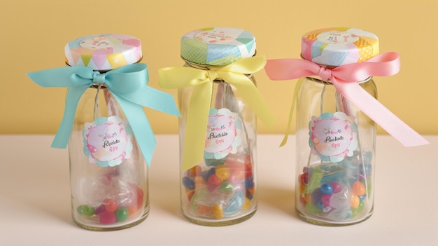 Des pots de bonbons avec un ruban qui dit "joyeux anniversaire" dessus