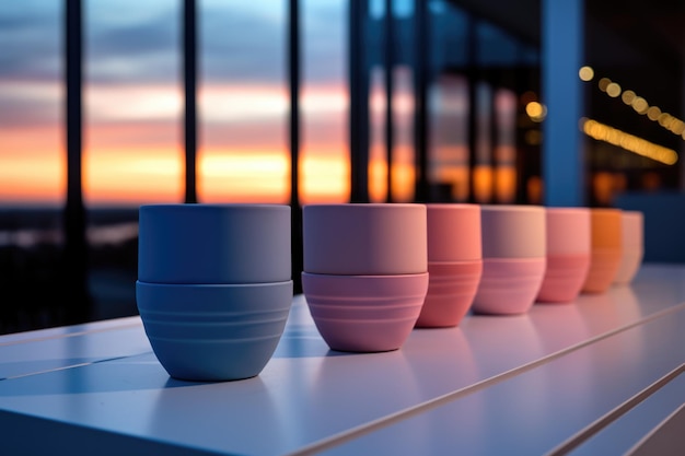 Des pots de céramique colorés sur le rebord de la fenêtre au coucher du soleil